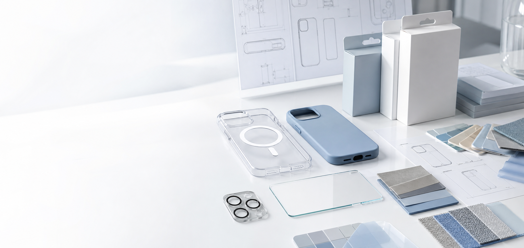 Private label OEM development desk with phone cases, screen protectors, packaging, and material samples
